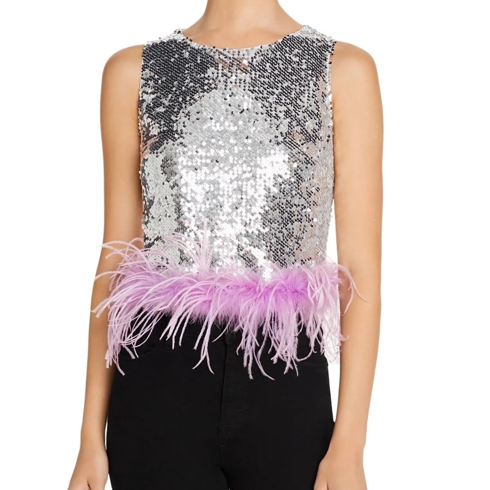 NWT Lucy Paris SEQUIN FEATHER TRIM TANK